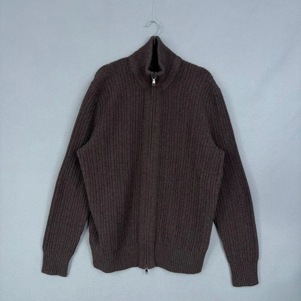 Banana Republic Sweater Men XL Brown Ribbed Full Zip Wool Leather Elbow Patch